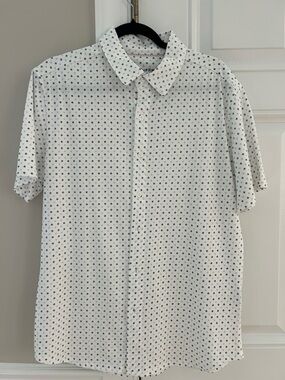 Short-Sleeve White Button-Down Shirt with Navy & Light Blue Microdots